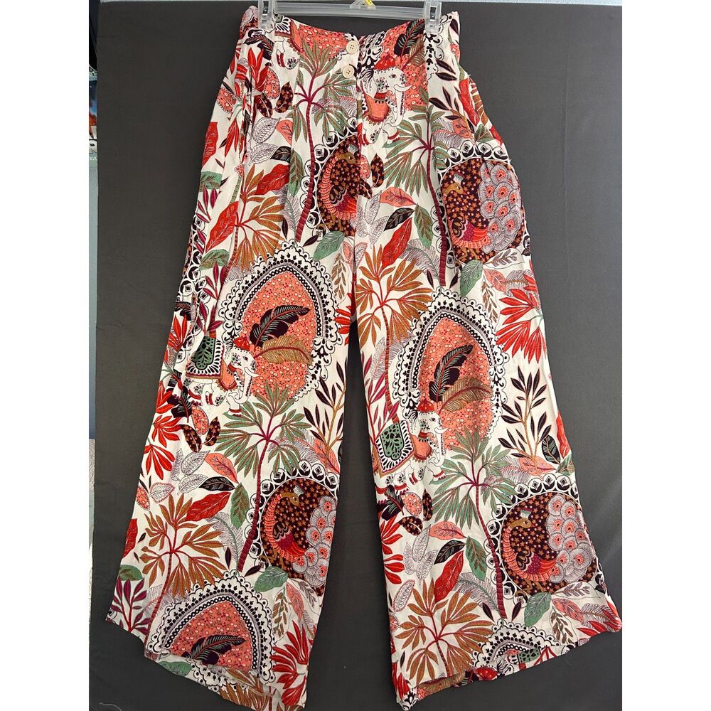 Derhy Elephant Print Wide Leg Pants High Waist Boho Tropical Printed Trousers